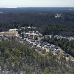 Drone view of cottages nestled in the woods.