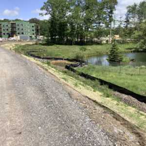 Newly constructed road with body of water to the right.