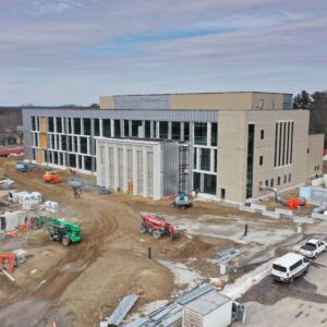 Judicial center with nice metallic siding being set.