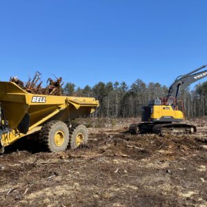 An excavator accumulating dirt for the dump truck.