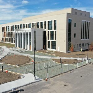 York Judicial Center building, construction is in progress on the grounds surrounding the building