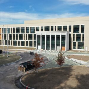 York Judicial Center building, construction is in progress on the grounds surrounding the building
