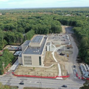 Aerial view of the work site for the York Judicial Center building, construction is in progress on the building and on the grounds surrounding the building
