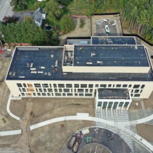 Aerial view of the York Judicial Center building, construction is in progress on the grounds surrounding the building