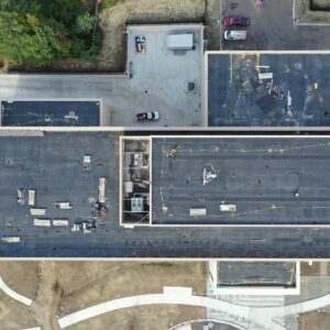 Aerial view directly above the York Judicial Center building, construction is in progress on the building and on the grounds surrounding the building